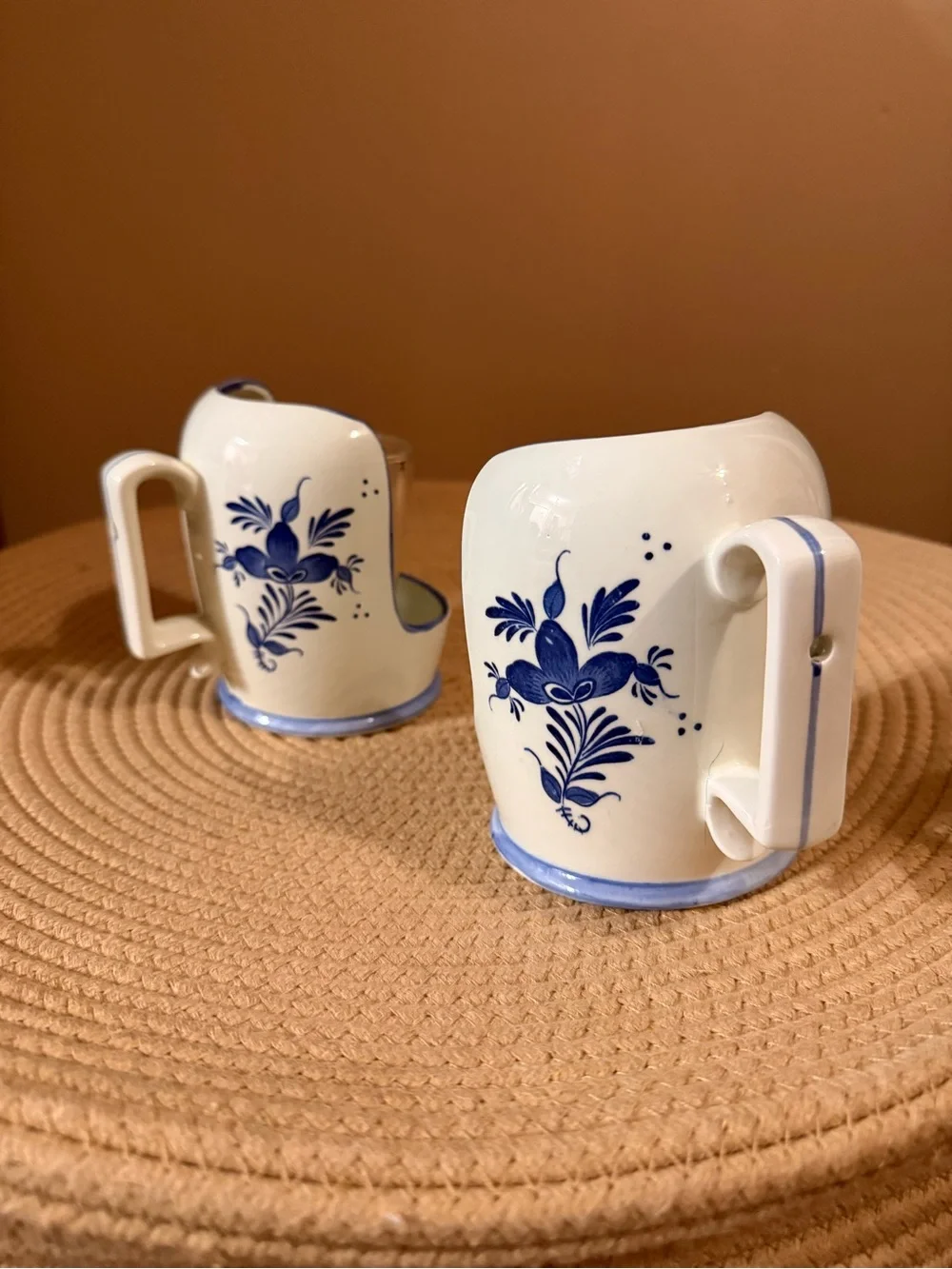 Blue & White Ceramic Votive Candle Holders with Floral Motif - Pair
